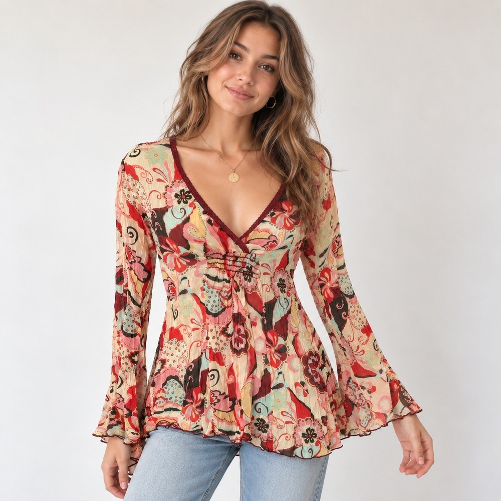 Y2K Babydoll Flare Sleeve Retro Top Size M Boho Hippie Floral Coquette Peasant